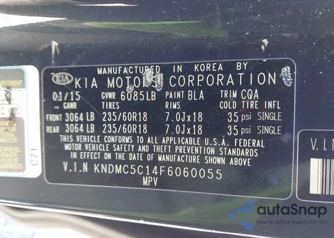 2015 Kia Sedona Ex z USA, uszkodzony, nr VIN KNDMC5C14F6060055
